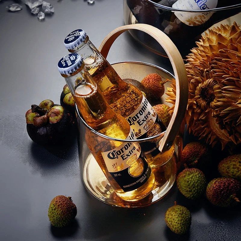 Large Borosilicate Glass Ice Bucket, Handled Wine Cooler, Champagne & Beer Storage, Barware, Ideal for Home or KTV Parties