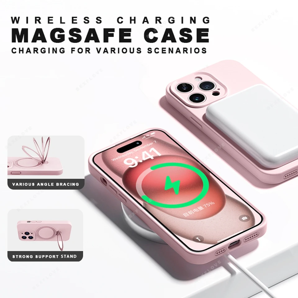 Magnetic Liquid Silicone Stand Phone Case with Magsafe-Compatible Protector