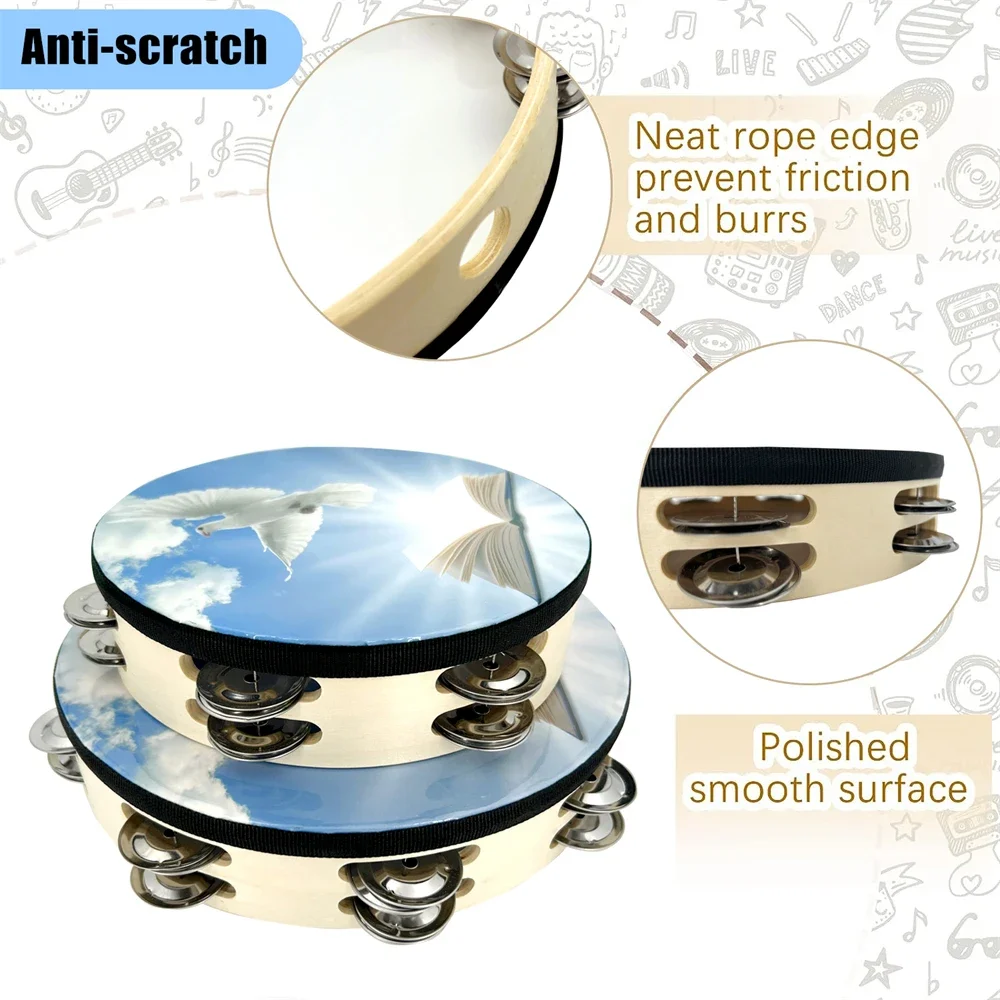 8/10-inch Double Layer Wooden Tambourine Hand Clap Bell Drum Blue Sky Peace Dove Pattern Shake Percussion Instrument Dance