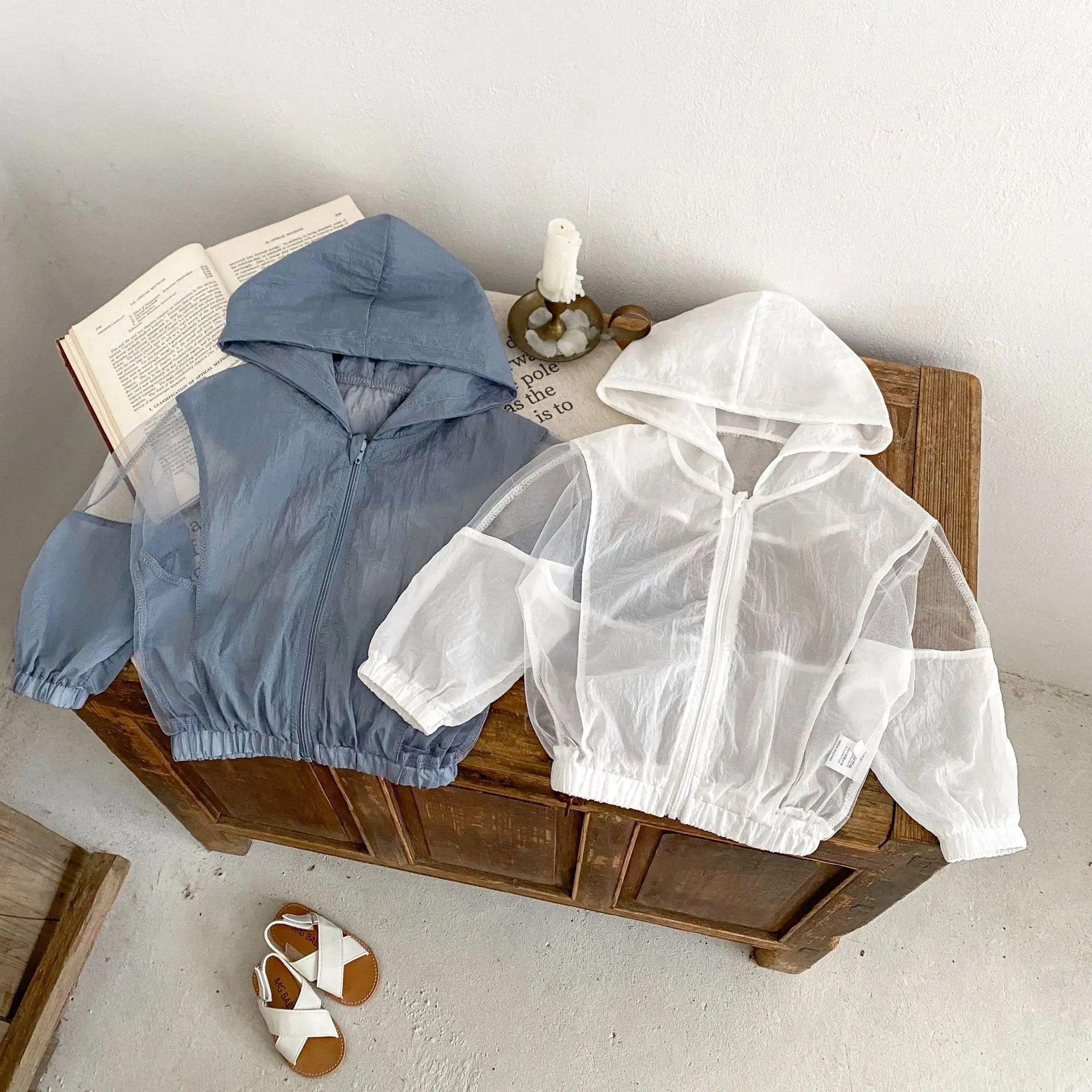2024 Summer New Baby Sunscreen Clothing Thin Infant Girl Solid Hooded Coat Toddler Boy Gauze Splicing Breathable Zipper Jacket