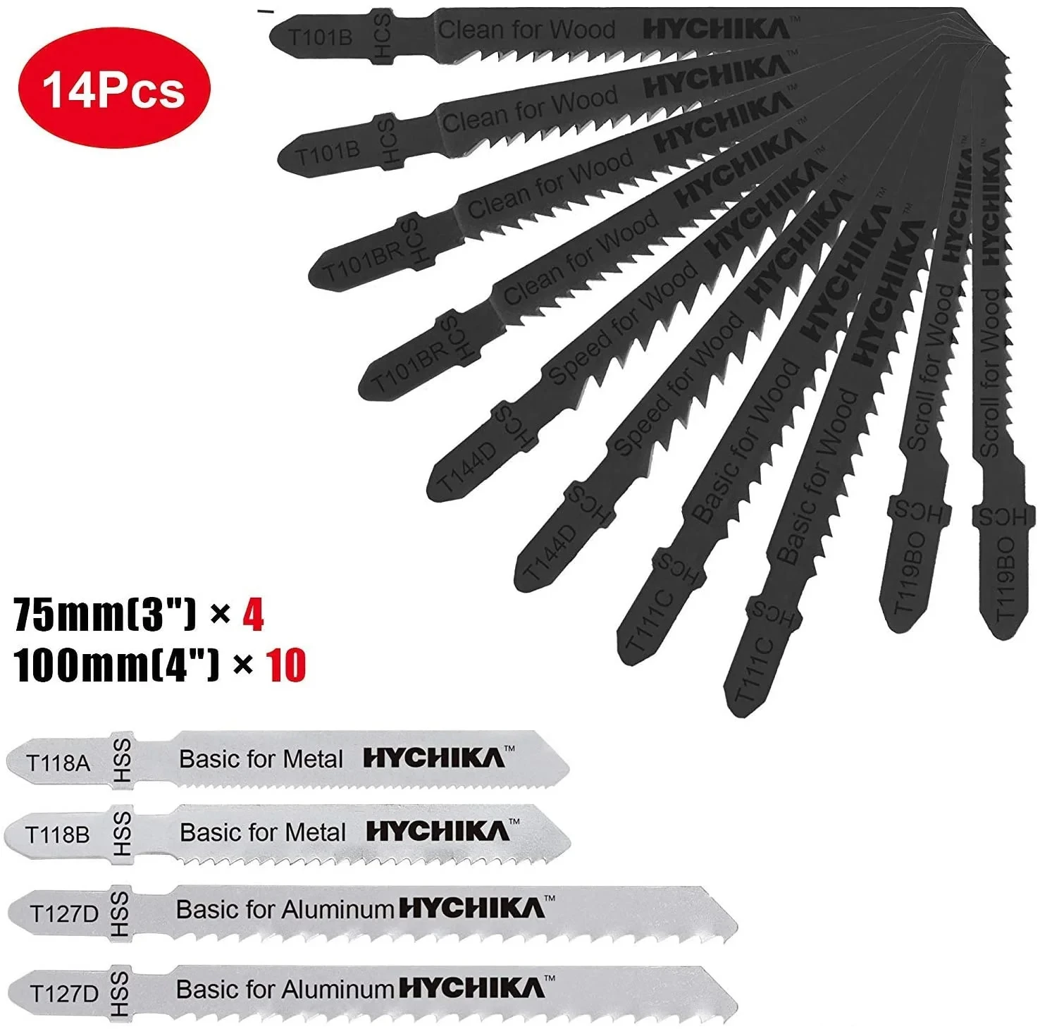 Набор лезвий для лобзика HYCHIKA, комплект из 14 лезвий из быстрорежущей стали для резки дерева, металла, электроинструментов, аксессуары, 75 мм, 100 мм