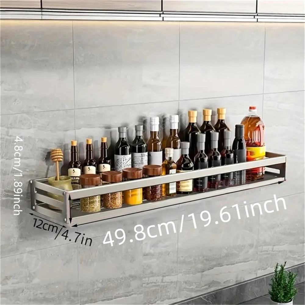 Sleek Aluminum Wall-Mounted Spice and Kitchen Storage Rack with Hooks