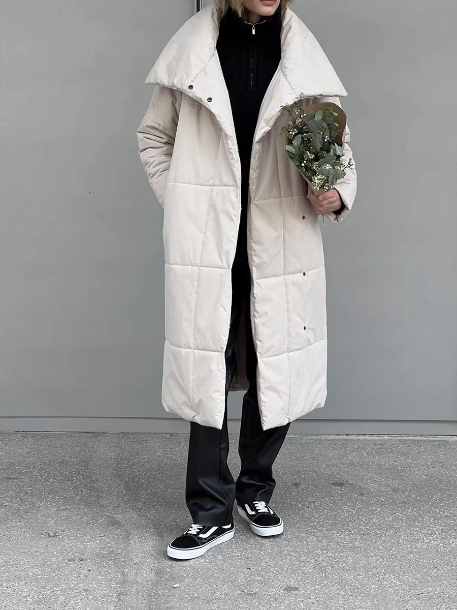 Winter Female Parkas Outwear Loose Lace-Up High Waist Long Sleeve Pocket Lapel Bandage Coat For Women Solid Parkas