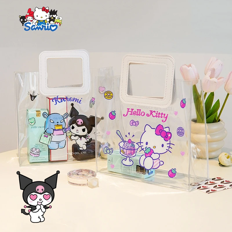

Sanrio Kuromi PVC Handbag Kawaii Anime Hello Kitty Cosas Cartoon Cute Cosmetic Bag Transparent Storage Bag Toys Girls Gifts