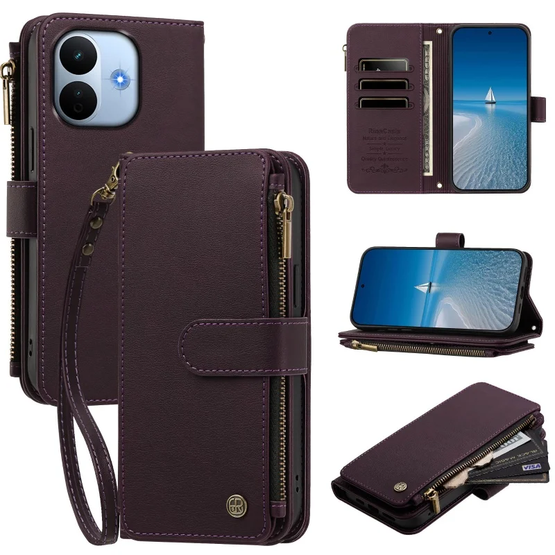 Retor Leather Zip Wallet Card Phone Case with Lanyard and Flip Purse Holder