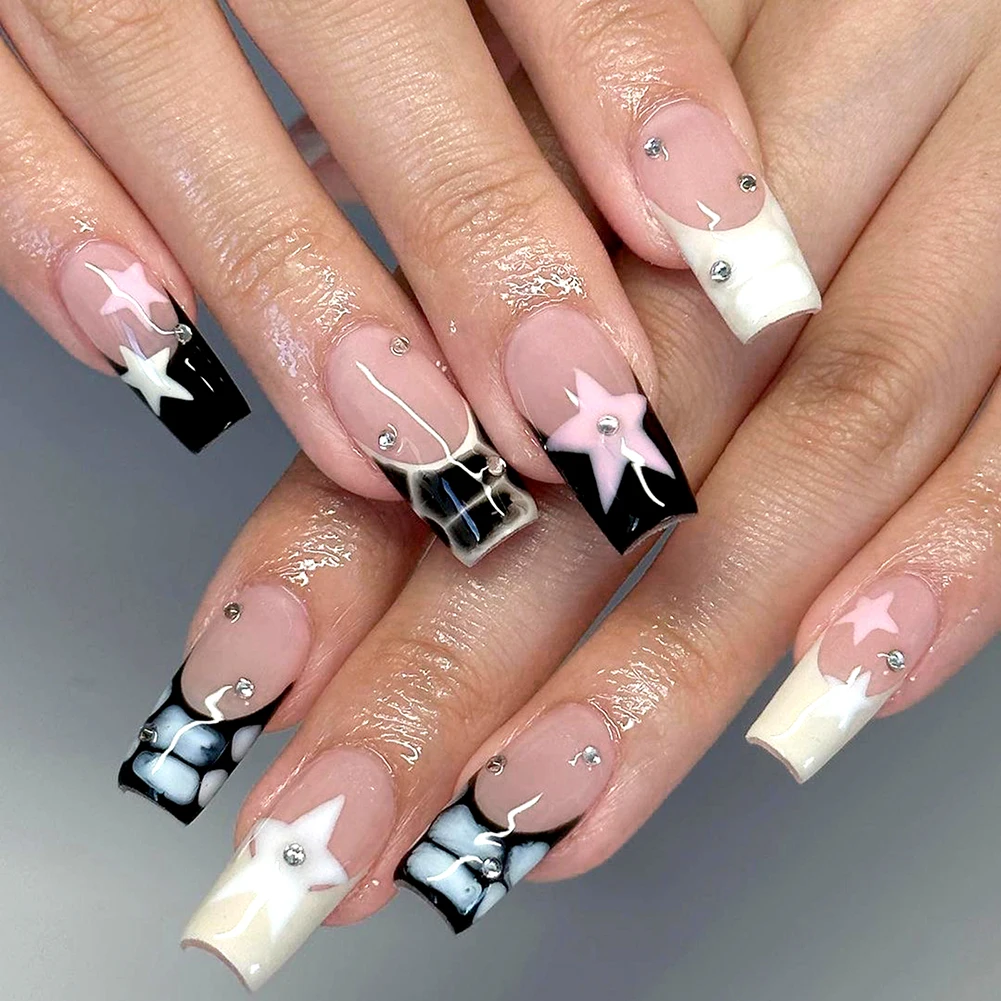

24 Pcs Clash-color Long Charming Fashionable Diamond-insert Temperamental False Nails for Home Travel DIY Nail Art