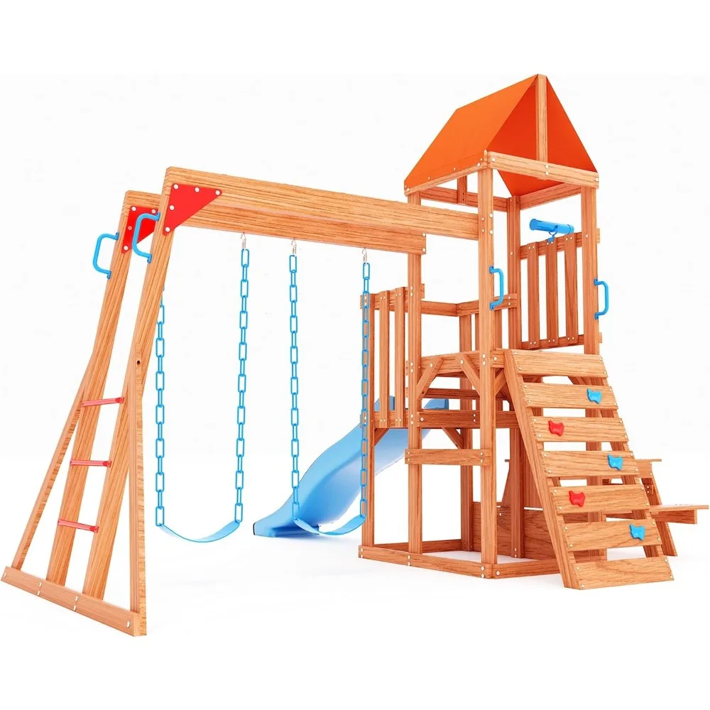 Dolphin Playground Cedar Wooden Swing Sets, Outdoor Playset ,  Wave Slide, Climbing Wall, and 2 Belt Swings, Playground Sets 4