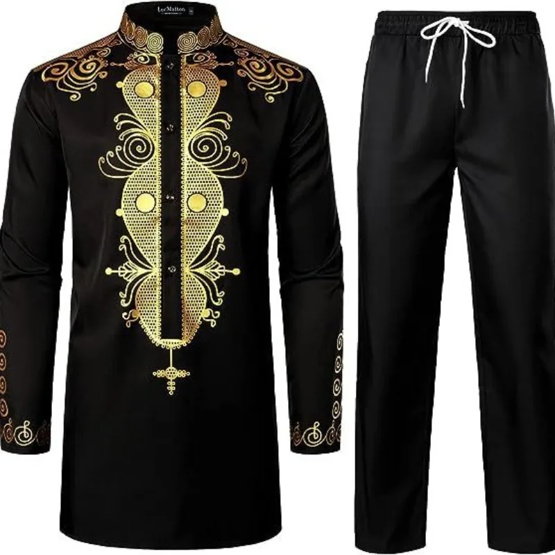 

Men's African Men's Suit Bronzing Top and Trousers 2-Piece Set muslim sets islamic clothing men abayat
