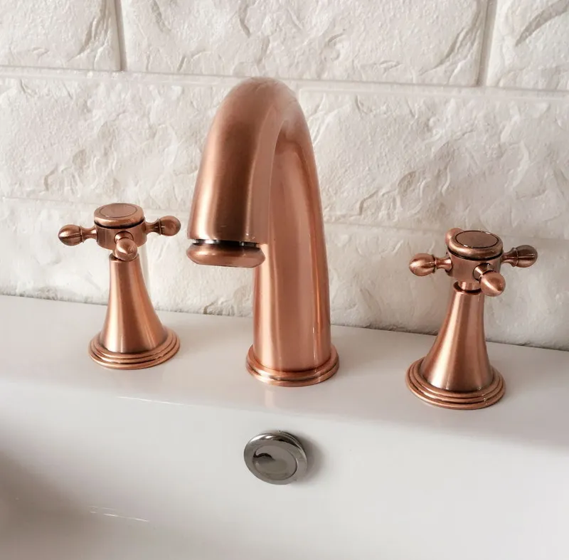 

Antique Red Copper Brass Deck Mounted Dual Handles Widespread Bathroom 3 Holes Basin Faucet Mixer Water Taps mrg038