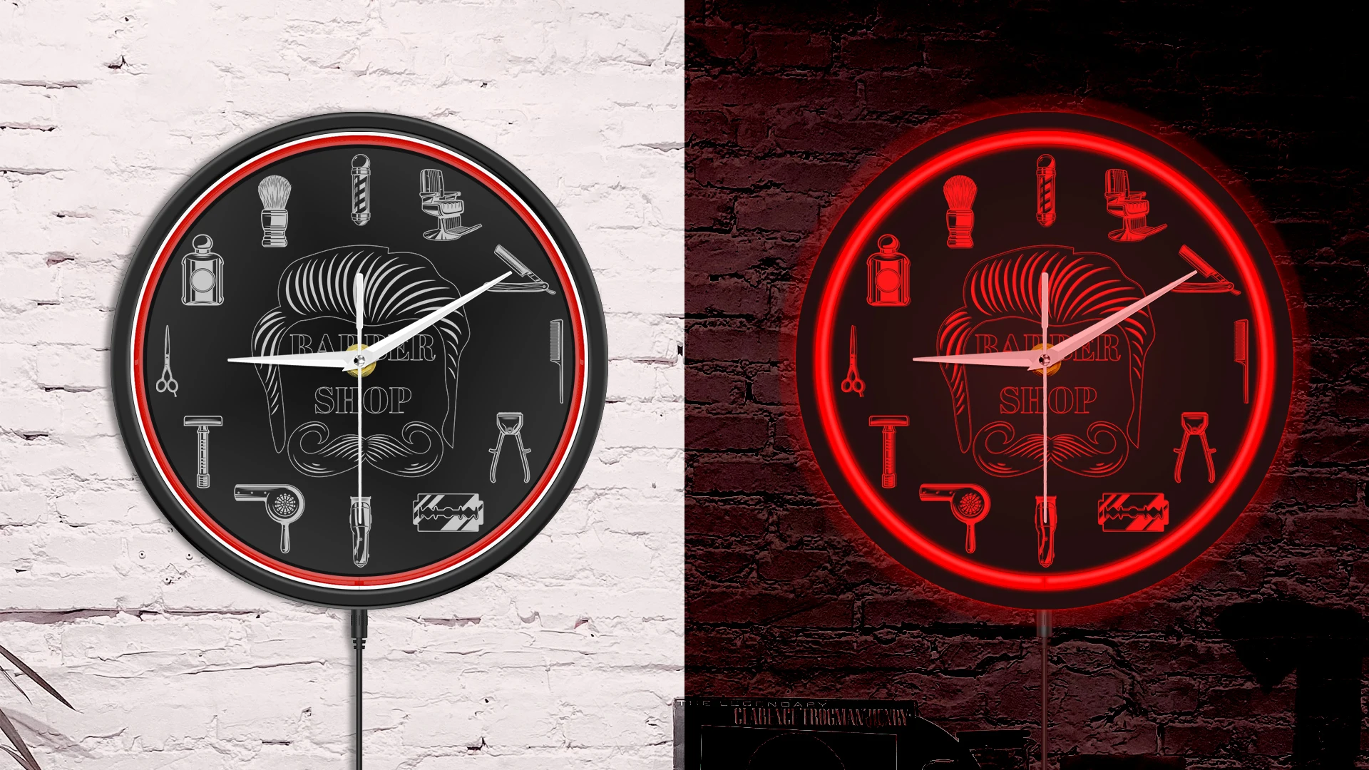 Barber Shop Red Neon Logo Metal Frame Wall Clock for Man Cave Barbering Business Sign Flexible Flex illuminated Neon Wall Clock