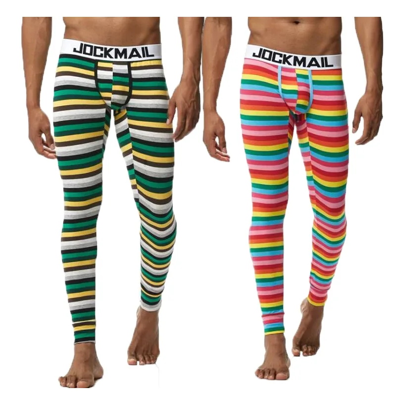 Jockmail Long Johns Mens Fashion Stripe Printing Rainbow Leaf Pattern Thermo Underwear Pants Mens Leggings Thermal UnderPants thermal underwear