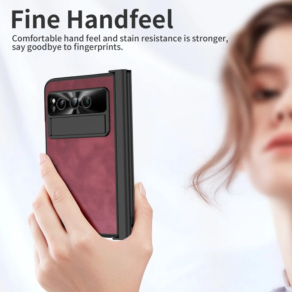 For Google Pixel Fold Case Slot Kickstand with Tempered Film Matte Plain Leather Hard Shockproof Protection Back Cover with Pen