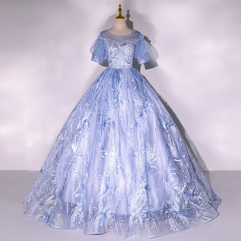 

Модные синие платья принцессы Quinceanera, бисероплетение, кружево, Иллюзия Vestidos De 15, длина до пола, блестящее платье с блестками и шариками, женское платье