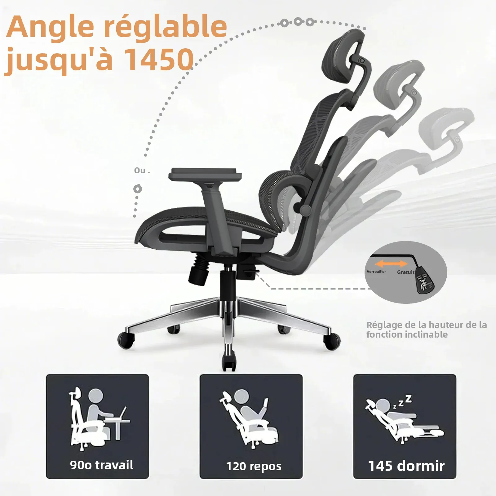 chaise de bureau ergonomique avec support lombaire et coussin pour le cou, accoudoirs rembourrés doux, maille respirante, réglage de la hauteur multi positions, confort Chaise de bureau ergonomique avec support lombaire et coussin pour le cou, accoudoirs rembourrés doux, maille respirante, réglage de la hauteur multi-positions, confort 6