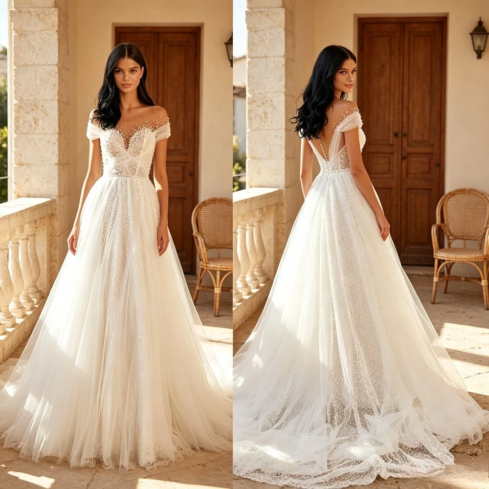 Abiti da Sposa Personalizzati Romantici con Spalle Scoperte e Perline in Tulle 2026 Nuovo Elegante Abito da Sposa a Trapezio con Perline, Balze e Ricami - immagine 3
