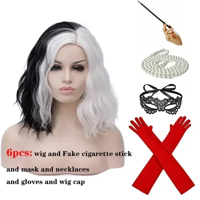 CRUELLA Deville De Vil Schwarz Weiß Mit Pony Kurze Bob Hitzebeständige Haar Perücke Cosplay Halloween Kostüm Party Perücke – Detail 5