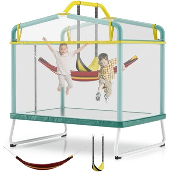 6FT Rectangle Trampoline for Small Spaces, 4-in-1 Kids Trampoline with Swing & Safety Enclosure Net, Ideal for Sensory Play & Indoor/Outdoor Use for Ages 3-8, ASTM Approved