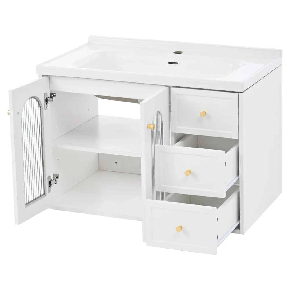 80 cm Schwebender Multifunktionaler Badezimmerschrank, MDF-Platte, Großes Stauraumvolumen, Mit Keramik-Waschbecken – Detail 14
