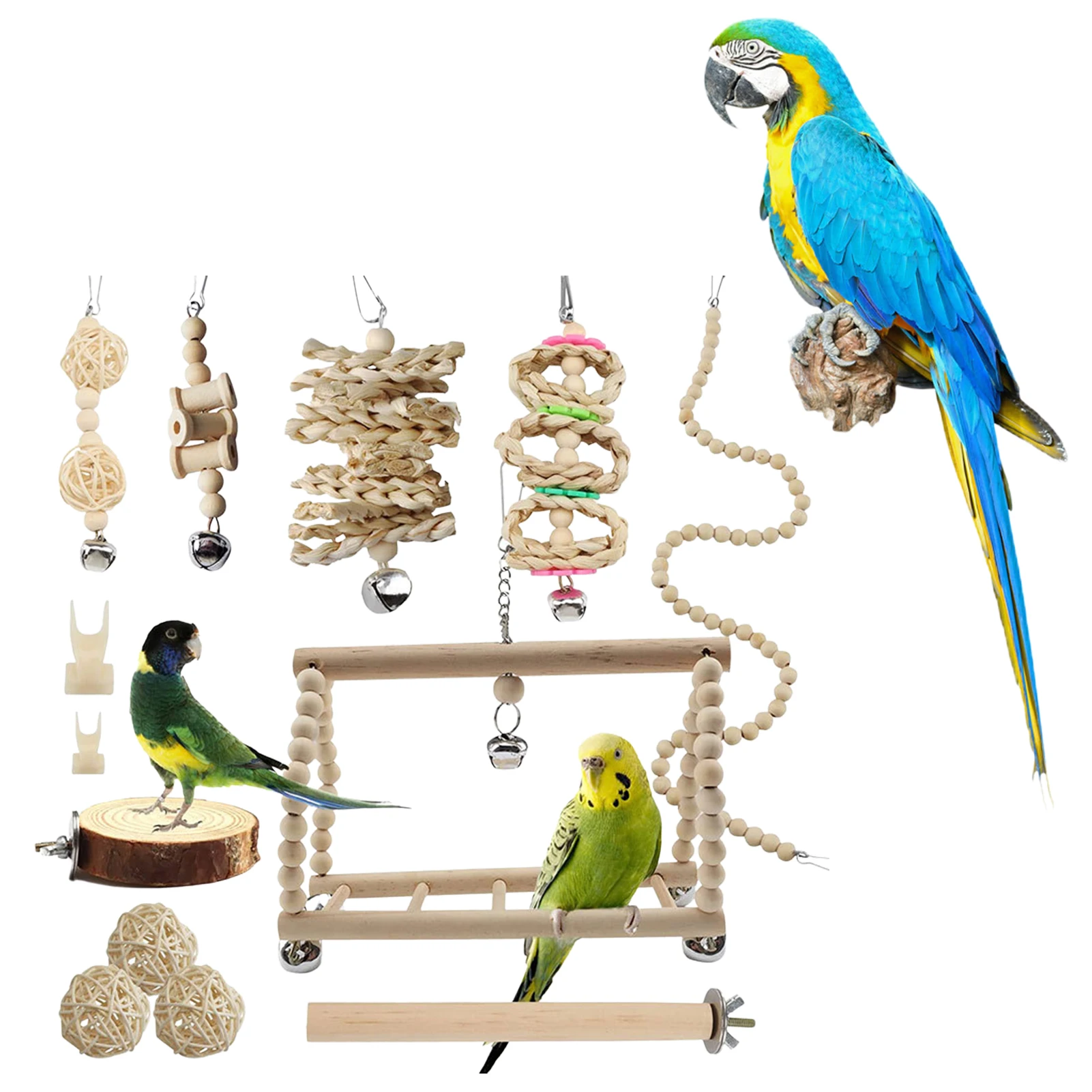 

13 Pcs/set Bird Parrot Swing Hanging Toy Standing Natural Wood Bird Cage Toys Chewing Toys Parakeets Cockatiels Finches Budgie
