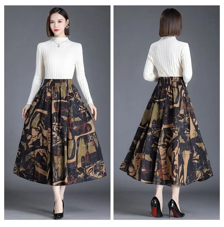 Cotton Linen Skirt 2022 Spring Autumn New Double-layer High Waist Large Swing A-line Skirt Women Retro Broken Flowers Show Thin black pencil skirt