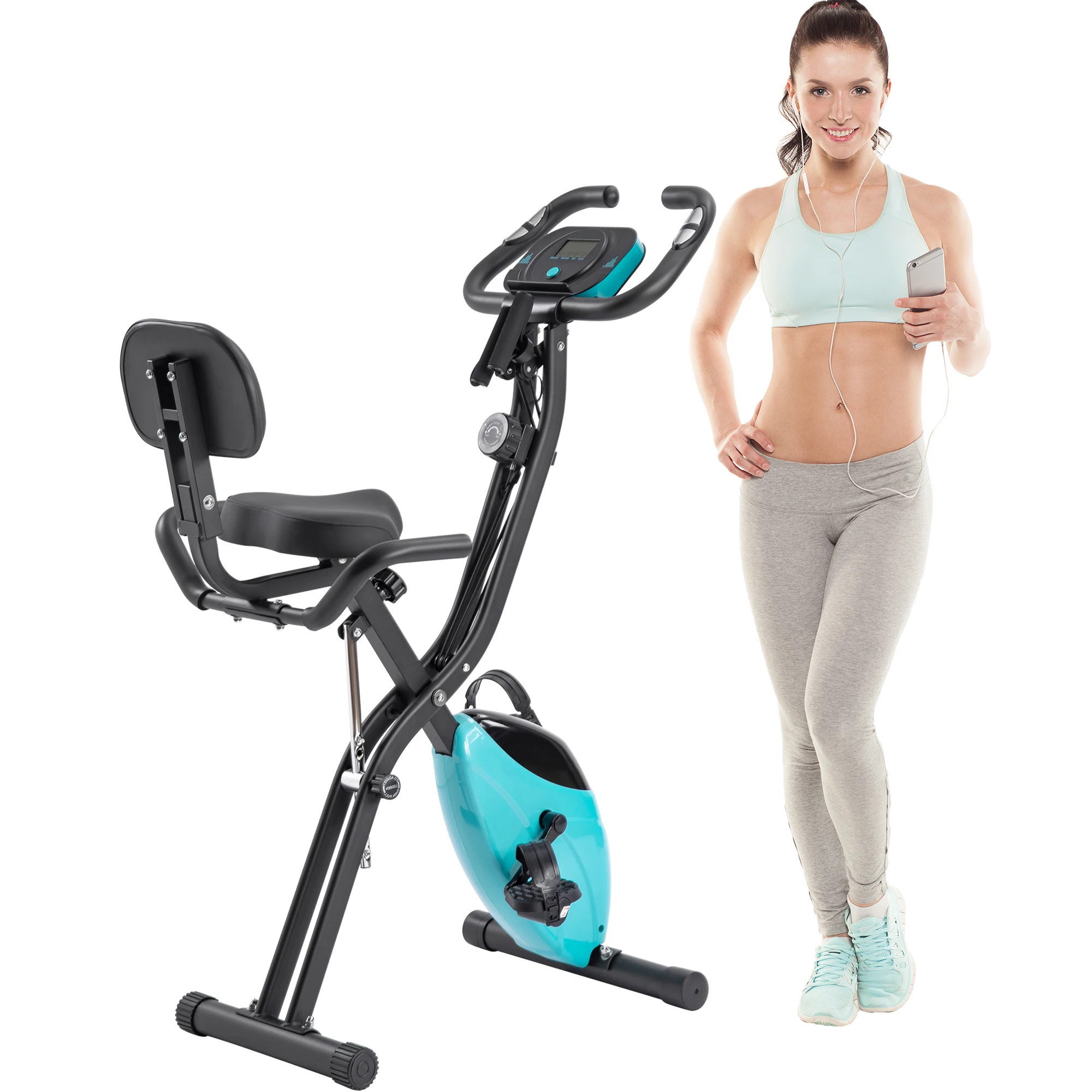 

Folding Exercise Bike, Fitness Upright and Recumbent X-Bike with 10-Level Adjustable Resistance, Arm Bands and Backrest