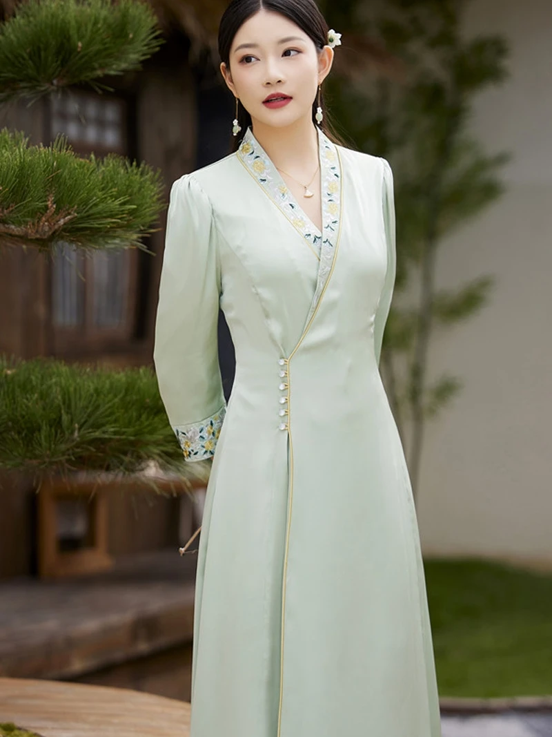 

Высококачественное весенне-летнее женское ацетатное атласное платье в стиле ретро, элегантное женское платье-трапеция с вышивкой для вечевечерние НКИ