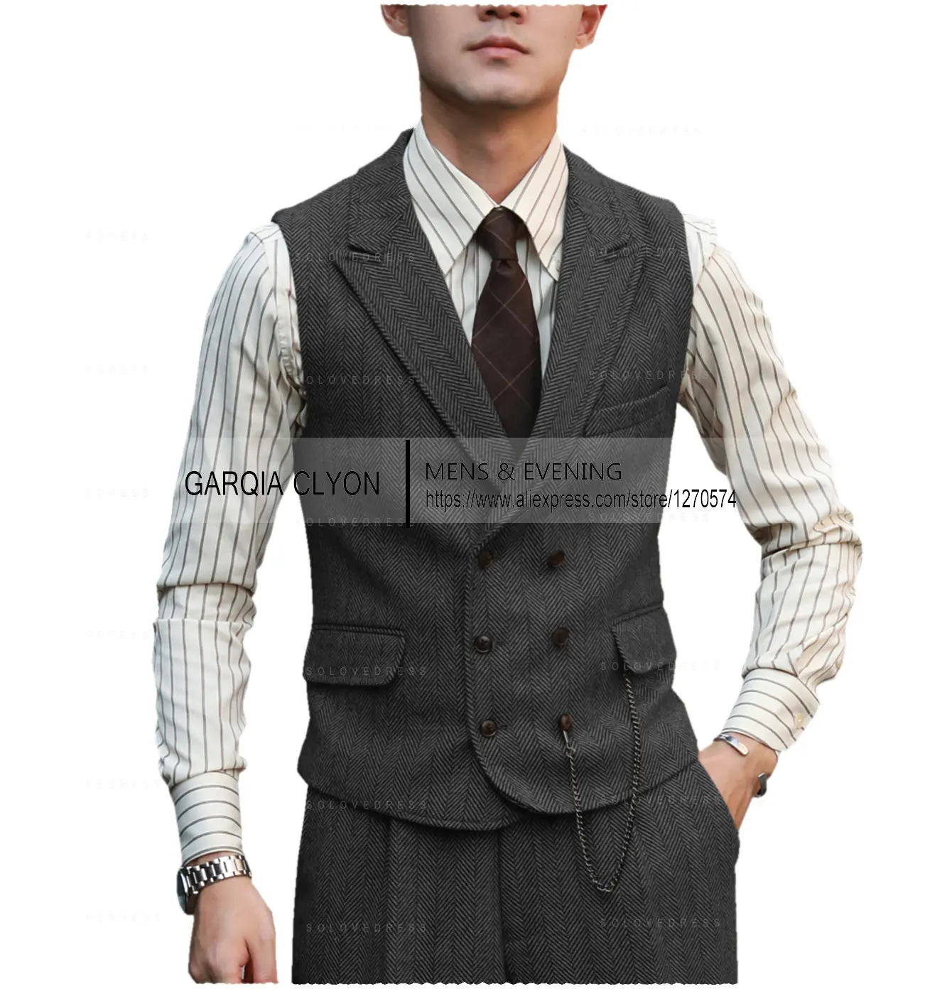 2 Pieces Herringbone Fabric Silm Fit Double-Breasted Men's Suits Causal Business Waistcoat Groom For Wedding（Vest+Pants）