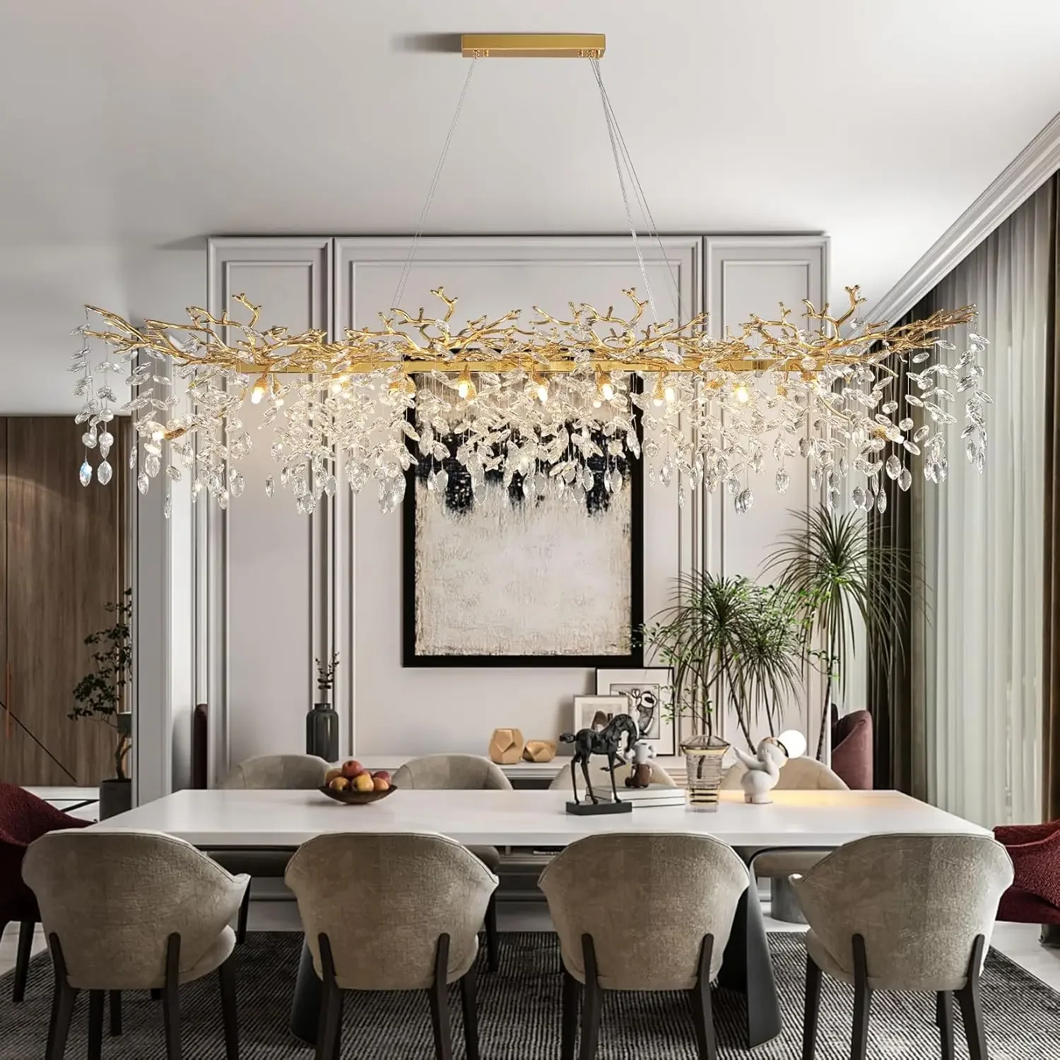 Gold Branch Crystal Ceiling Chandelier For Dining Room Kitchen Table Living Room Bedroom Rectangular