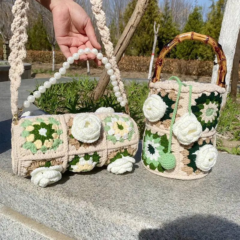 Handmade crochet flowers Bucket Bag for Women Handbag Rattan Beach Boho Bag Casual Colorful Woven Handle Shoulder Crossbody Bag