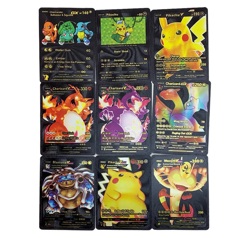 Espanhol pokemon cartões de coleção, qualidade papel de ouro preto,  plástico plastificado, brilhante e resistente, vmax tipos, v, gx, basico