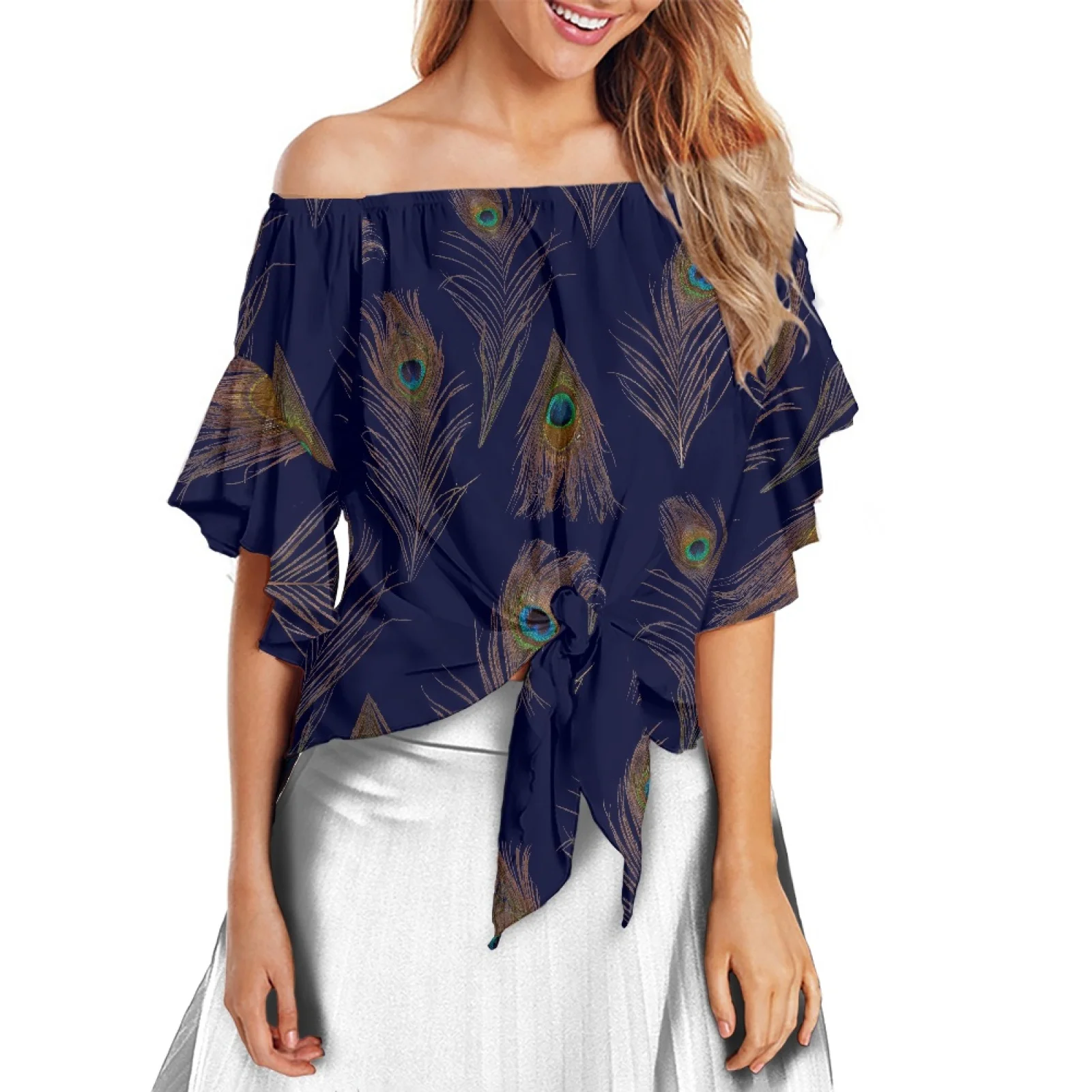 

Polynesia Tribe Off Shoulder Tops 100% Polyester Women Shirt Flare Sleeve Retro Style Luxury Design Colorful Feather print Blous