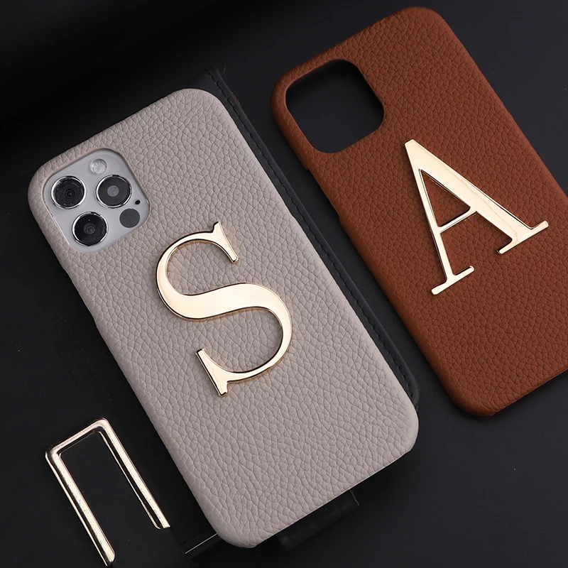 

Luxury Custom Initials Name A-Z Phone Case For iPhone 15 14ProMax 14Plus 13Promax Personalise Genuine Leather Metal Letter Funda