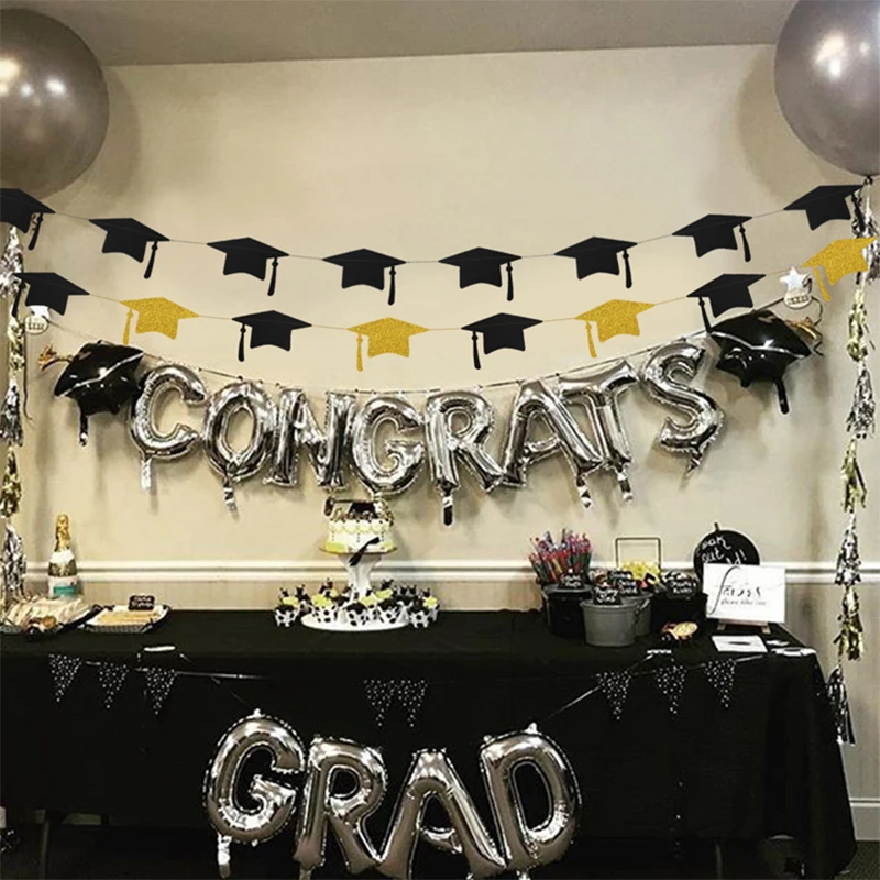 Black Gold Graduation Bachelor Hat Banner Paper Cap Garlands for School Celebrations Graduation Party Hanging Decorations party decorations