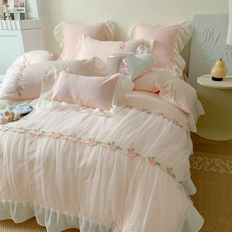 

Pink French Princess Wedding Romantic Pleat Lace Ruffles Bedding Set Soft Cozy Korean Girls Duvet Cover Set Bed Sheet Pillowcase