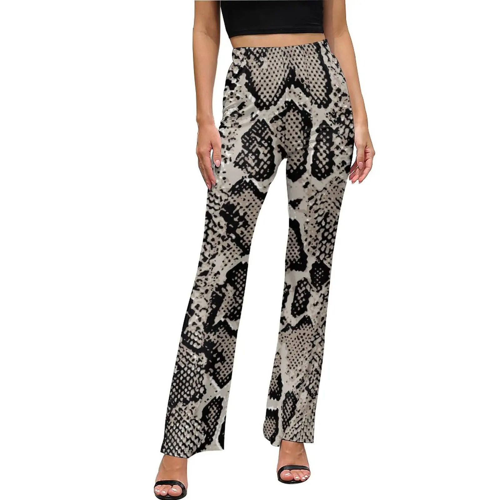 

Grey Snakeskin Pants High Waisted Animal Print Streetwear Flare Pants Summer Sexy Workout Graphic Big Size Trousers