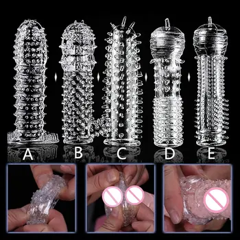 5Pcs/Set Reusable Condom Penis Sleeve Male Enlargement Time Delay Spike Clit Massager Cover Crystal Clear Condoms Adult Sex Toy 1