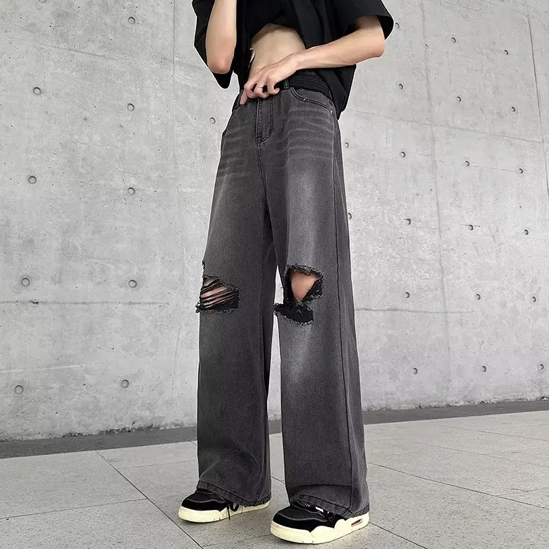 

Korean Fashion Men's Baggy Jeans Classic All-match Solid Color Straight-leg Denim Wide-leg Pants Male Trousers 2023 B141
