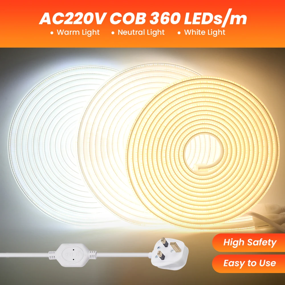 220V LED Strip Super Bright 288/360 LEDs/m COB LED Light Warm /Natural/White Decor Outdoor Waterproof LED Strip Light + UK Plug