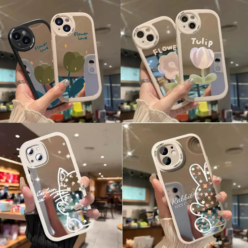 Cute Cat Rabbit Bear Case Per Oppo A58 A78 4G A98 A77 A57 5G Reno 8T 8Z 7Z 8 Pro 5 6 Lite 5 7 Pro Luxury Make Up Mirror Cover