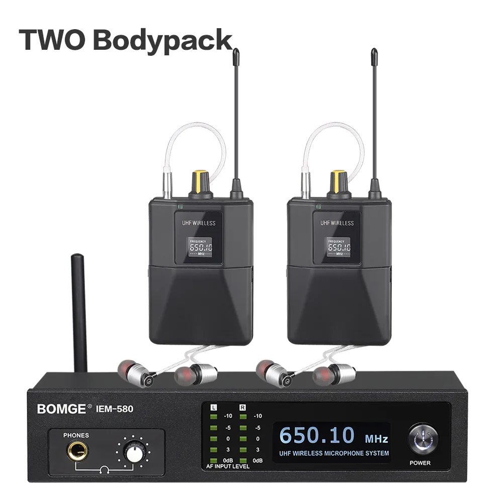 BOMGE IEM-580 UHF Wireless In Ear Stage Monitor System Professional 2 Channels For Singer Performance Band Live Show headphones with mic Microphones