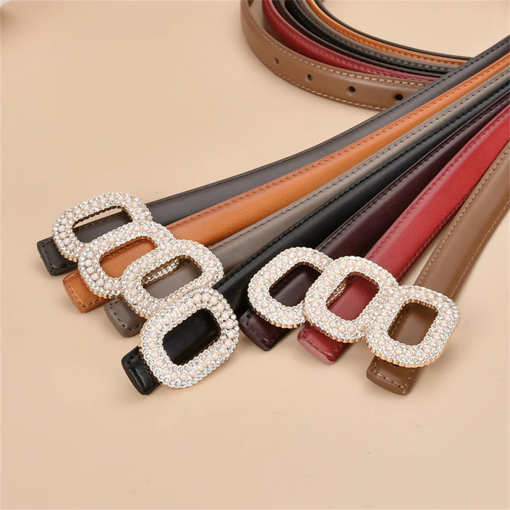 

New Women's Belt Inlaid with Pearl Water Diamond Round Buckle Decorative Belt Versatile Women's Genuine Smooth Buckle Belt