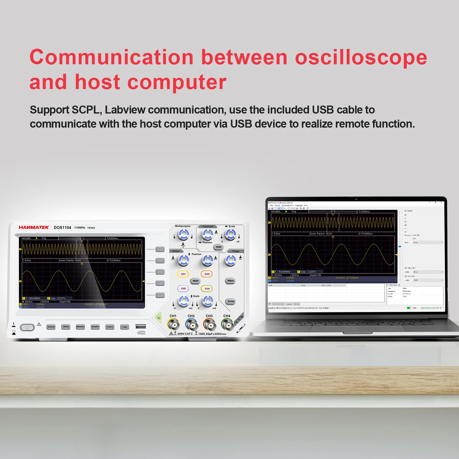 Hanmatek Digital Oscilloscope 2 / 4 Channels 110MhZ Bandwidth 1GS/s Sampling Rate 5mV/Div 7-inch LED SCPI/labview communication 6
