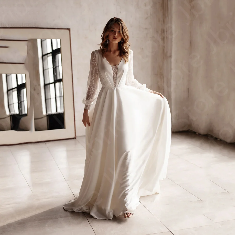 

Modern Summer Latest Beach Wedding Dresses Boho Lace Bride Long Sleeves V Neckline Bridal Gowns 2023 Sweep Train
