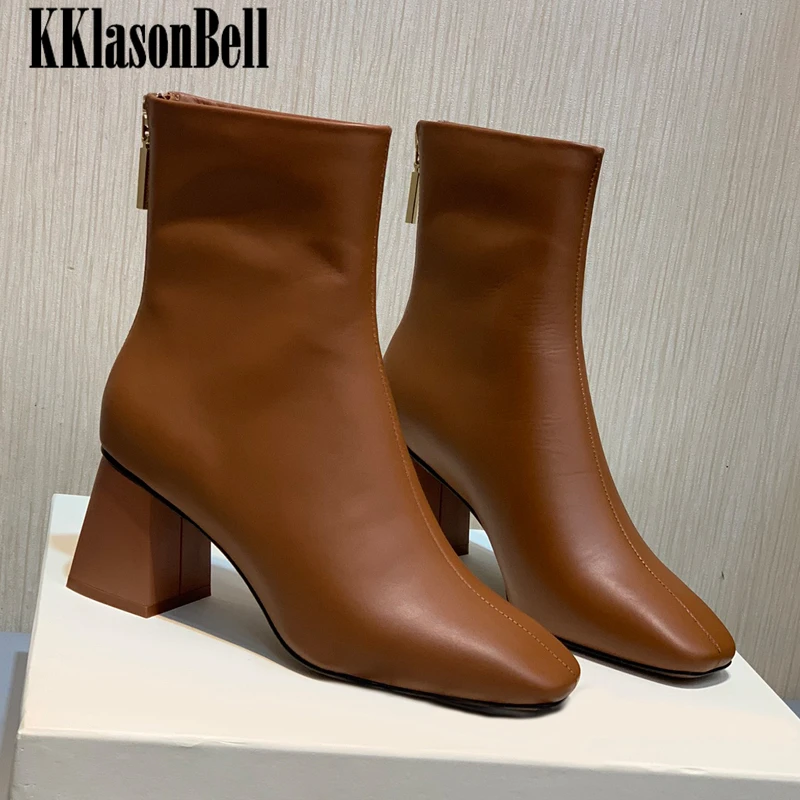 

1.4 KKlasonBell Genuine Leather Back Zipper Square Toe Fashion Height Increasing Chelsea Boots Women