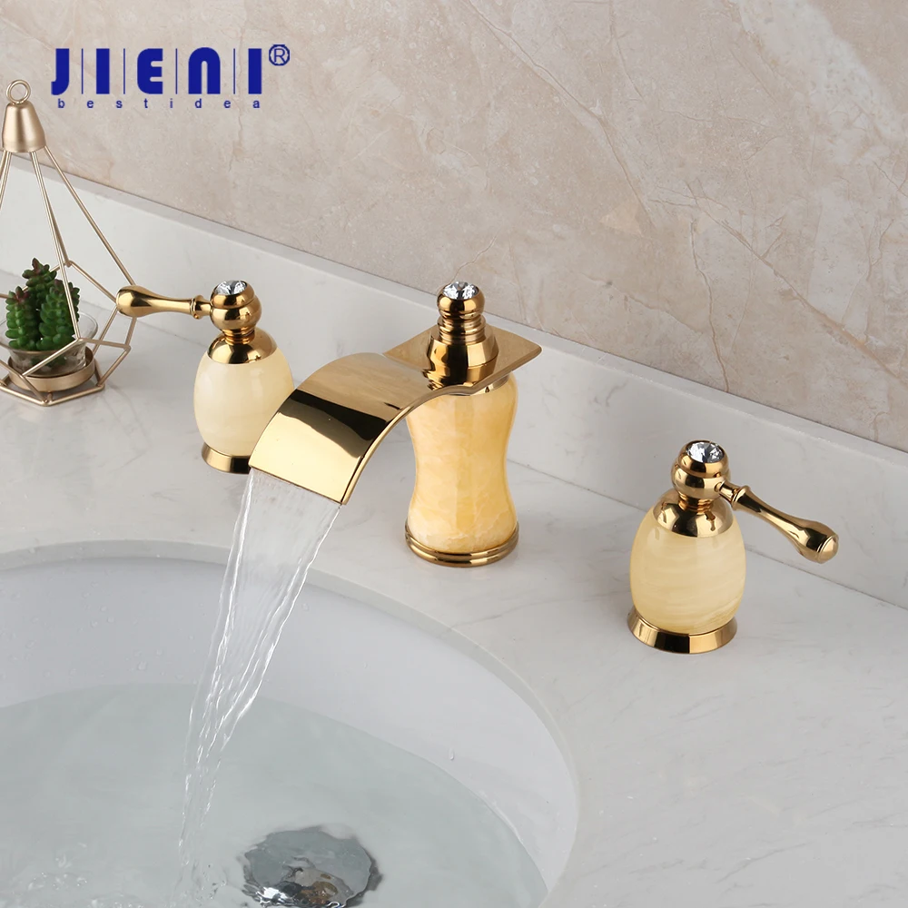 Jieni Gold Plated Bathroom Bathtub Faucet 3 Pcs 2 Lever Golden Jade