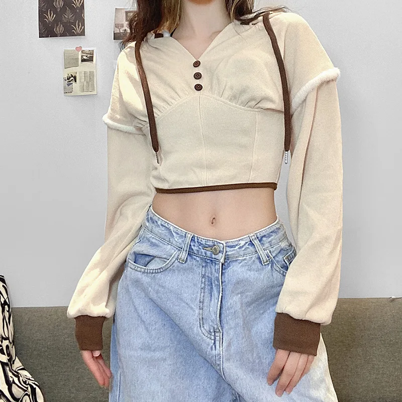 Pure Color Knitted Pullover Hoodie Patchwork Button Long Sleeve Waist Short Hoodie Women's All-match Pullover Warm Clothes