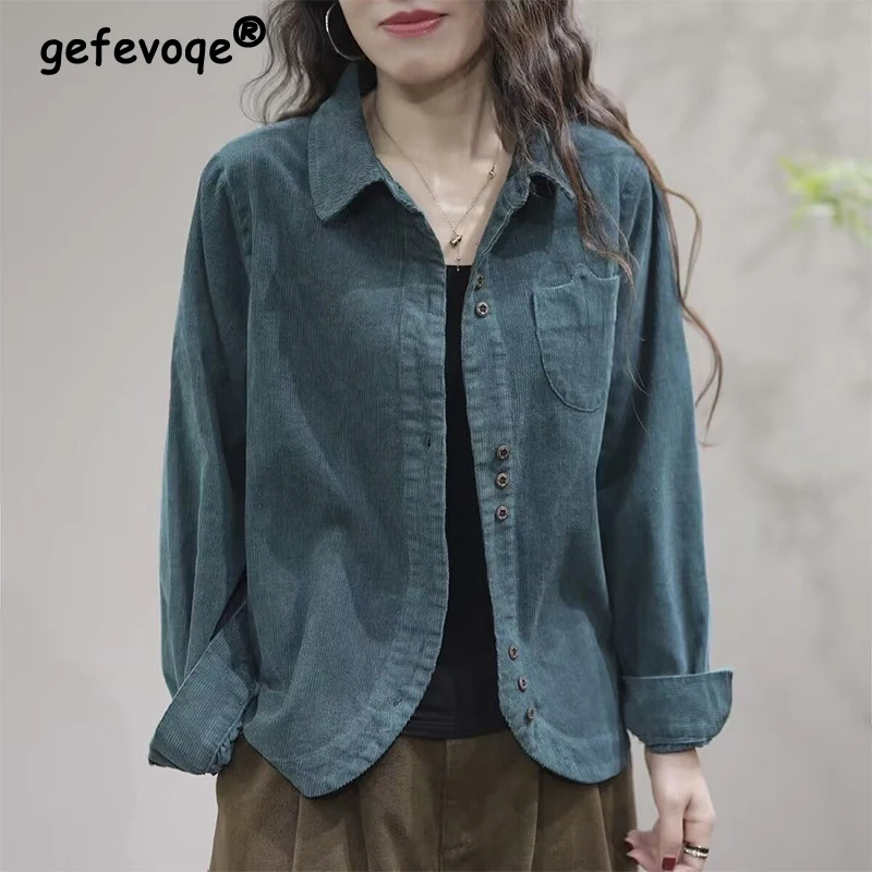 

Spring Autumn New Vintage Loose Casual Cordury Shirt Ladies Pocket Fashion All-match Cardigan Top Women Long Sleeve Blouse Femme