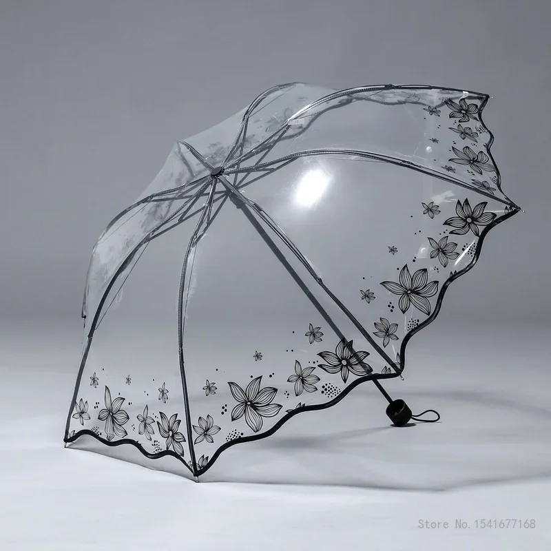 Women's Transparent Thickened Summer Flower Printed Umbrella, Rain Gear Folding Portable Manual Beach Umbrella, 1Pc