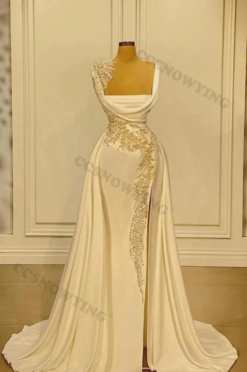 

Fashion Long High Slit Wedding Dress for Bride Satin Appliques Beaded Bride Gown Vestidos De Novia