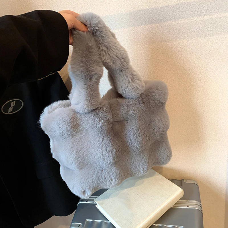Women's Fluffy Plush Shoulder Bag Autumn Winter Top-Handle Solid Color Tote Versatile Commuter Handbag for Girls